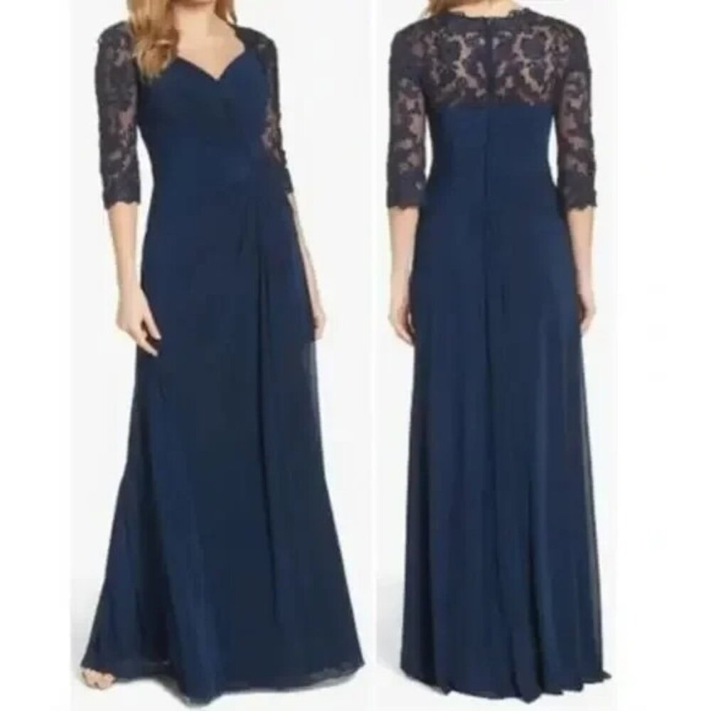 La Femme 23244 Formal Gown |8 Blue Ruched Jersey Elbow Sleeve Wedding Guest NEW